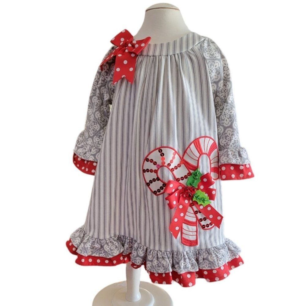 Counting Daisies Christmas Dress Size 2T Striped Candy Canes Gray Red *